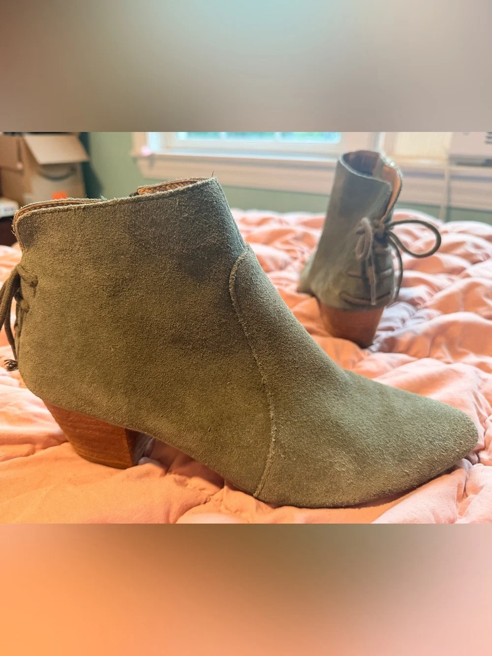 Tahari Olive Suede Ankle Booties with Block Heel